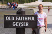 20190710, Yellowstone. Amy and 'Old Faithful Geyser' sign.